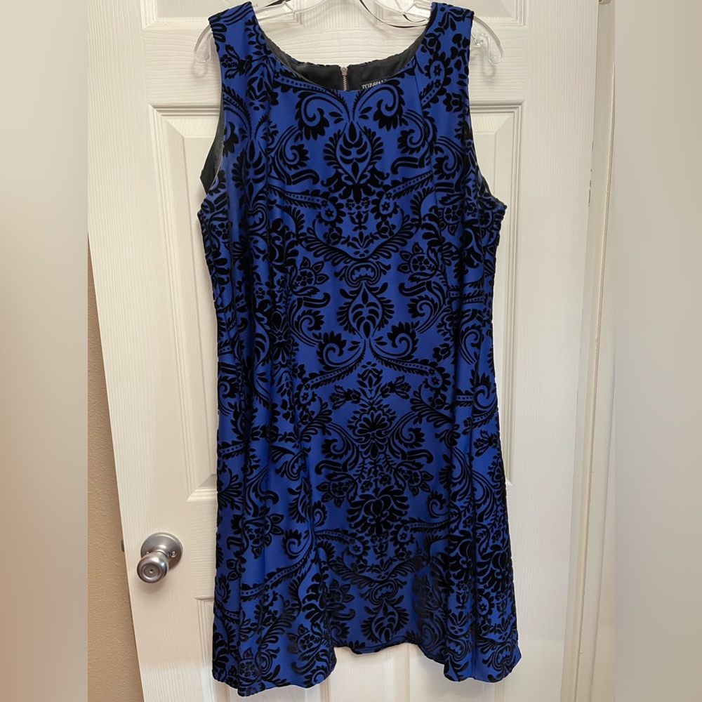 Blue with black burned out velvet sheath dress